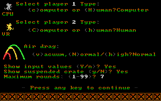RATillery (DOS) screenshot: New game options: human vs. the computer (Tandy)