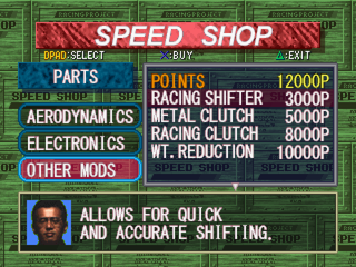 Tokyo Highway Battle (PlayStation) screenshot: Speed shop parts