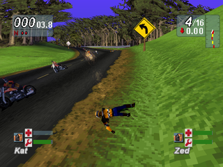 Road Rash: Jailbreak (PlayStation) screenshot: Rolling on the grass.