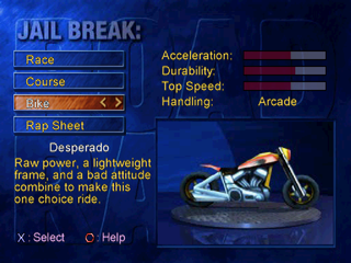 Road Rash: Jailbreak (PlayStation) screenshot: Jail Break mode - Selecting the bike.