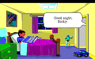 Mixed-Up Mother Goose (Amiga) screenshot: Goodnight! Don't let the evil monsters in the closet get you!