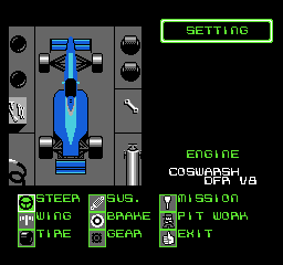 F1 Circus (NES) screenshot: Different options for the vehicle