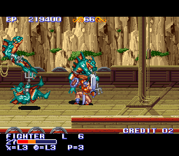 The King of Dragons (SNES) screenshot: Blocking an attack - you can either block manually or set it to auto.