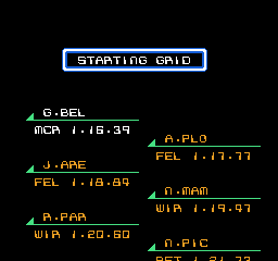 F1 Circus (NES) screenshot: Starting grid positions