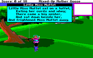 Mixed-Up Mother Goose (Amiga) screenshot: Apparently, Miss Muffet suffers from a bad case of arachnophobia.