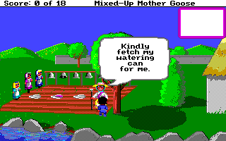 Mixed-Up Mother Goose (Amiga) screenshot: Characters will tell you what they want in order to fix their rhymes.