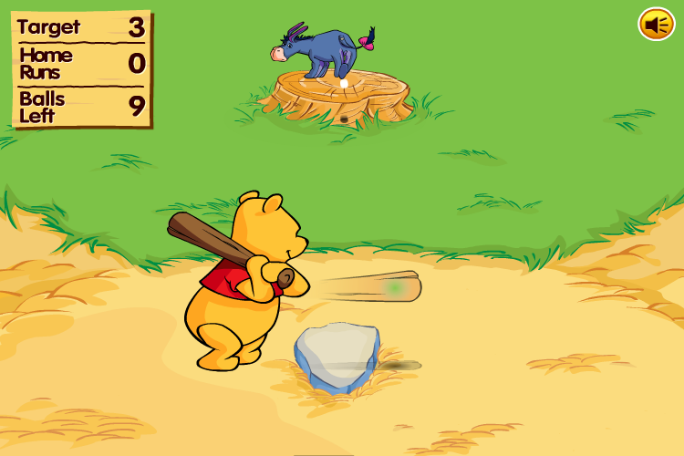 Winnie the Pooh: Home Run Derby (Browser) screenshot: My first opponent is Eeyore. How hard can this be?