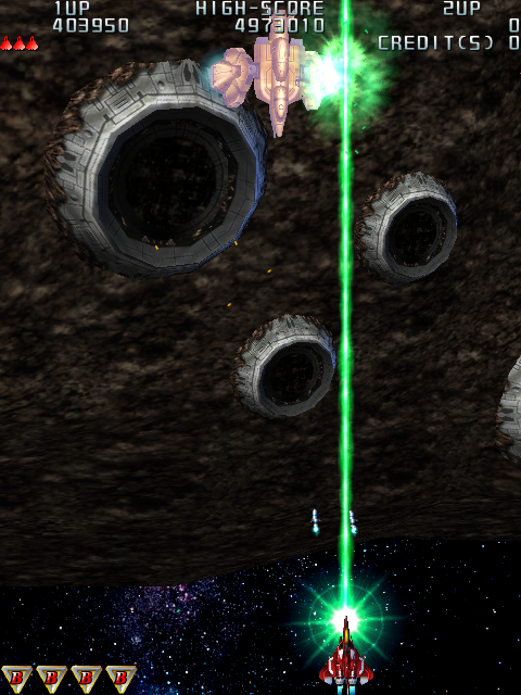Raiden III (Windows) screenshot: an asteroid-station