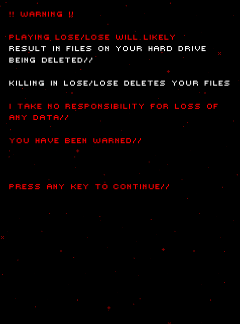 Lose/Lose (Macintosh) screenshot: The game warns you before you begin.