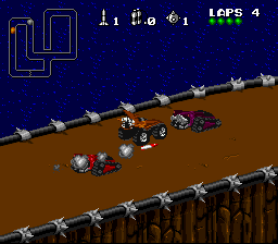 Rock n' Roll Racing (SNES) screenshot: The beginning of a race can be very dangerous, with all drivers firing missiles and laying mines.