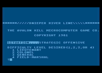 Dnieper River Line (Atari 8-bit) screenshot: Game start; select difficulty level