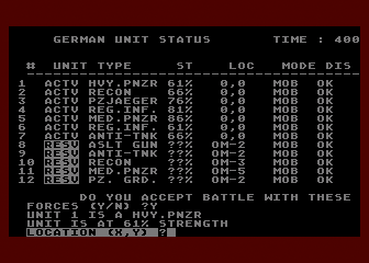 Dnieper River Line (Atari 8-bit) screenshot: Accept battle with these forces?