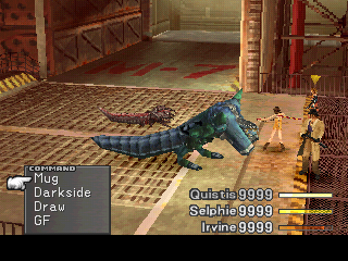 Final Fantasy VIII (PlayStation) screenshot: Battle in a silo facility. Selphie is not intimidated. Note the interesting commands in the menu!