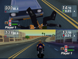 Road Rash: Jailbreak (PlayStation) screenshot: Hit by a car