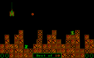 RATillery (PC Booter) screenshot: Chaos among the crates (CGA)