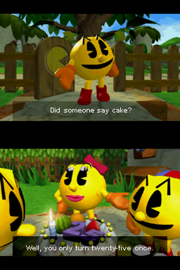 Pac-Man World 3 (Nintendo DS) screenshot: Part of the first cutscene: Happy Birthday, Mr. Pac-Man! =D