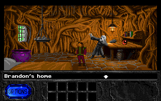 Fables & Fiends: The Legend of Kyrandia - Book One (Amiga) screenshot: Start of game - The old guy is now stone, and we have to save Kyrandia from a mad jester.
