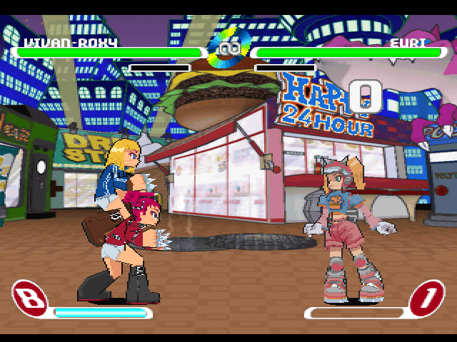 Slap Happy Rhythm Busters (PlayStation) screenshot: Music: Drug Store by DJ Shinkawa. Fight!