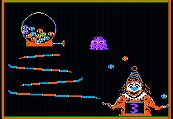 Learning with FuzzyWOMP (Apple II) screenshot: The clown juggles
