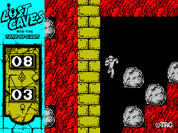 Lost Caves (ZX Spectrum) screenshot: Trying not to get crushed by boulder