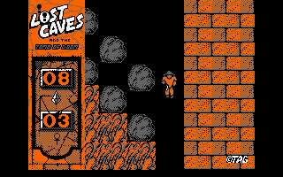 Lost Caves (Amstrad CPC) screenshot: Trying to run from falling boulders