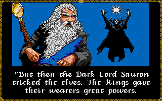 J.R.R. Tolkien's The Lord of the Rings, Vol. I (Amiga) screenshot: Gandalf tells of the Dark Lord.