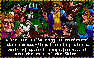 J.R.R. Tolkien's The Lord of the Rings, Vol. I (Amiga) screenshot: Bilbo Baggins holds a birthday party.