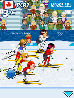 Vancouver 2010: Official Mobile Game of the Olympic Winter Games (J2ME) screenshot: Blue circle means I have to hit the left button.