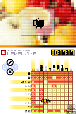 Picross DS (Nintendo DS) screenshot: Try to chip away a block that you shouldn't and you'll receive a time penalty.