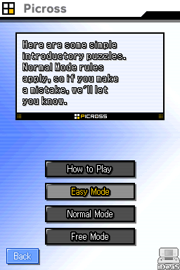 Picross DS (Nintendo DS) screenshot: The main menu, allowing you to play puzzles, do daily challenges, compete with your friends online, and even design your own puzzles.