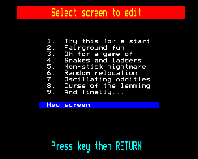Magic Mushrooms (BBC Micro) screenshot: Level editor menu