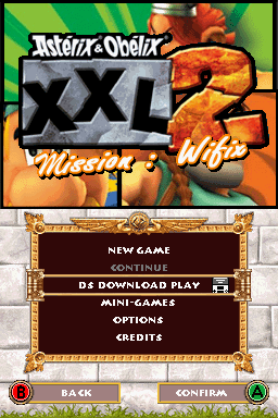 Astérix & Obélix XXL 2: Mission: Wifix (Nintendo DS) screenshot: Title screen with main menu.