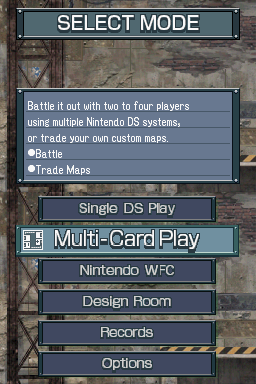 Advance Wars: Days of Ruin (Nintendo DS) screenshot: Choose between single play, multi card play, check out the game records, or design your own map.