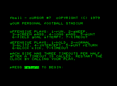 Screenshot of Fball (Commodore PET/CBM, 1979) - MobyGames