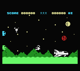 Space Walk (MSX) screenshot: The satellite is descending while asteroids float by.