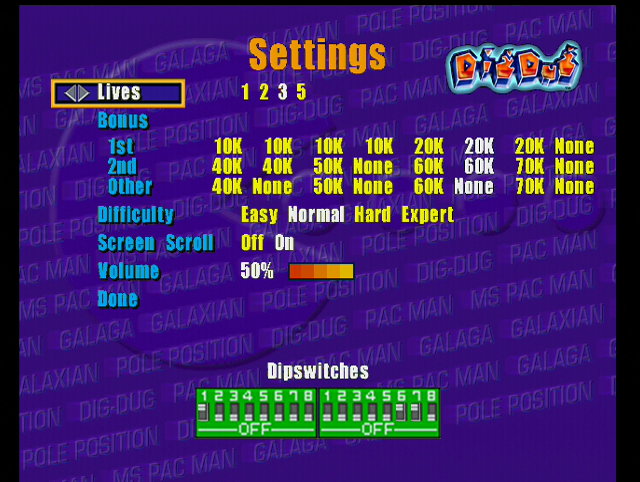 Namco Museum 64 (Dreamcast) screenshot: Dig Dug hardware settings
