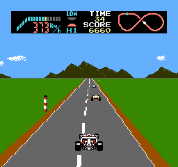 F1 Race (NES) screenshot: The white dot on the minimap shows where the player is and the blue dot shows where the finish line is