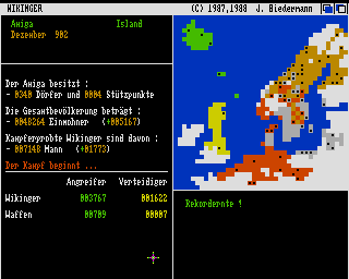 Amiga Spiele 1 (Amiga) screenshot: Wikinger: I am under attack by the green threat known as boats full of Icelandic warriors.