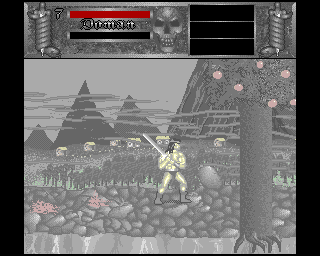 Doman: Grzechy Ardana (Amiga) screenshot: First level is set in a dark and stormy night, with some lightning occasionally making things visible.