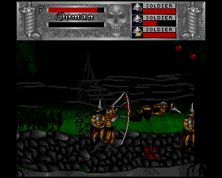 Doman: Grzechy Ardana (Amiga) screenshot: Look, a flying soldier. Note their inexplicably English names at the top.