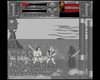 Doman: Grzechy Ardana (Amiga) screenshot: Oh good, at last someone more interesting to fight than all these soldiers.