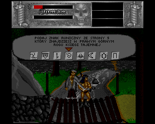Doman: Grzechy Ardana (Amiga) screenshot: ...and subjects us to copy protection. Fun fact: one of the possible symbols is the Nazi swastika. I didn't get to capture it tho :(