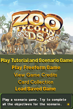 Zoo Tycoon DS (Nintendo DS) screenshot: Title screen with main menu.