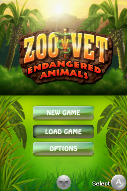 Zoo Vet: Endangered Animals (Nintendo DS) screenshot: Title screen with main menu.