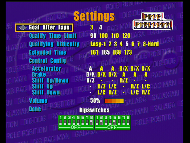 Namco Museum 64 (Dreamcast) screenshot: Pole Position hardware settings