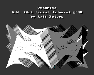 Amiga Spiele 1 (Amiga) screenshot: Quadriga: this second title screen features an effect that should later become the "Mystify" screen saver in Windows. No, really.