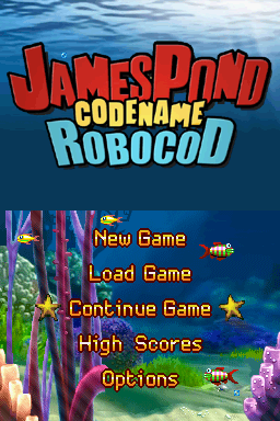 James Pond 2: Codename: RoboCod (Nintendo DS) screenshot: Title screen with main menu.