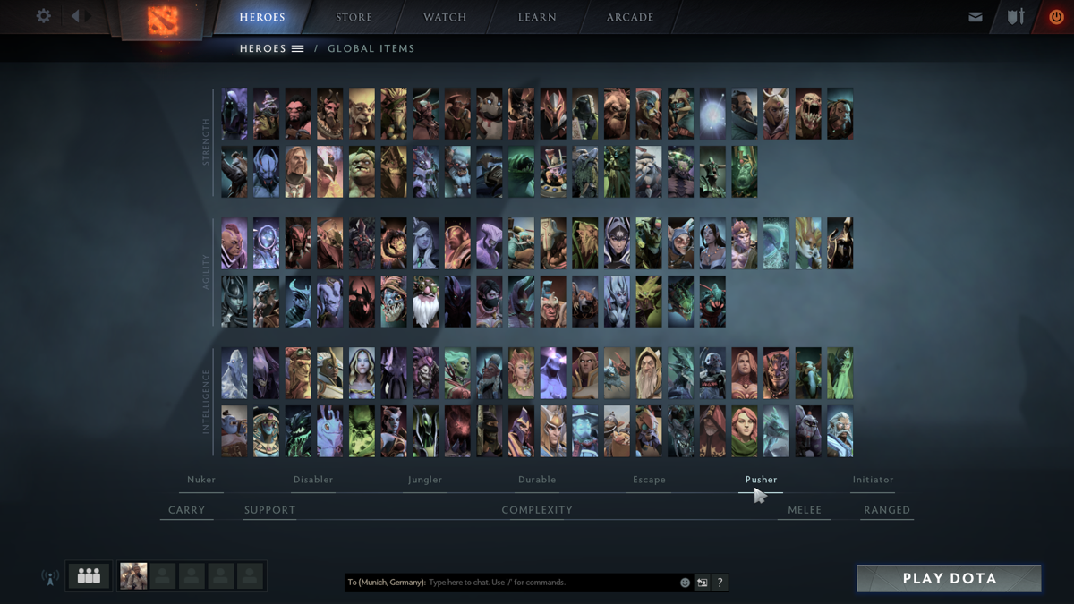 Dota 2 (Windows) screenshot: The game features 114 Heroes which are split into three categories: strength, agility and intelligence.