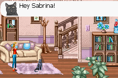 Sabrina, the Teenage Witch: Potion Commotion (Game Boy Advance) screenshot: The cat gives tutorial instructions and even shows which way to go.