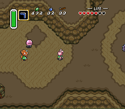 The Legend of Zelda: A Link to the Past (SNES) screenshot: In the Dark World - without the Moon Pearl, Link transforms into his true self: A bunny